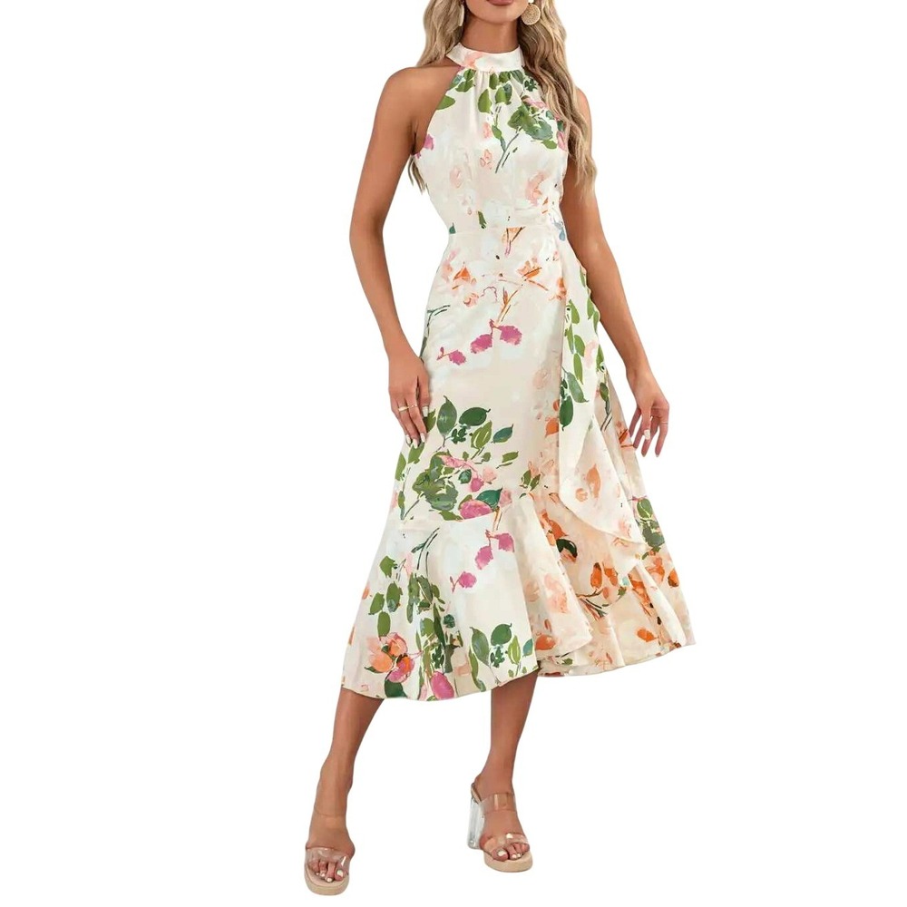 JJ's House Tenaya Pink Halter Floral Print Satin Ruffle Midi Dress Sz XXL NWT